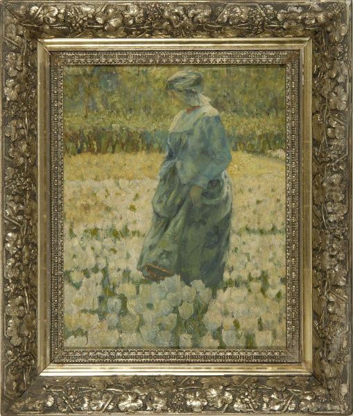 A Woman Standing In A Field Of Flowers Oil Painting by George Hitchcock