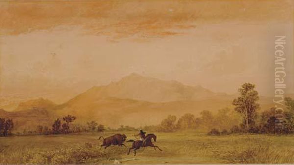 Hunter On Horseback With Charging Bull Oil Painting by Henry Hitchings