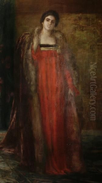 Portrait Of A Lady, Full Length, In A Red Dress Oil Painting by Dora Hitz