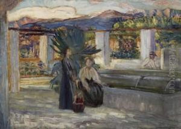 Two Women By The Fountain Oil Painting by Dora Hitz