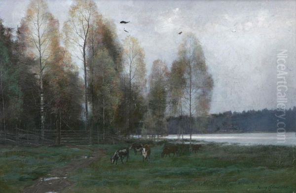 Landskap Med Betande Kor Oil Painting by Fanny Hjelm