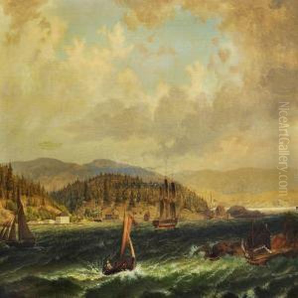 Sailing Ships In A Norwegian Fiord Oil Painting by Halldor Hjerleid