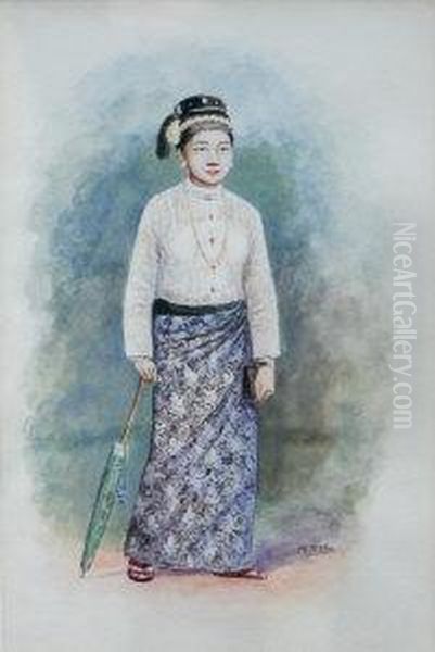 Study Of A Burmese Woman In Traditional Dress With Parasol In Her Right Hand Oil Painting by Mg Tun Hla