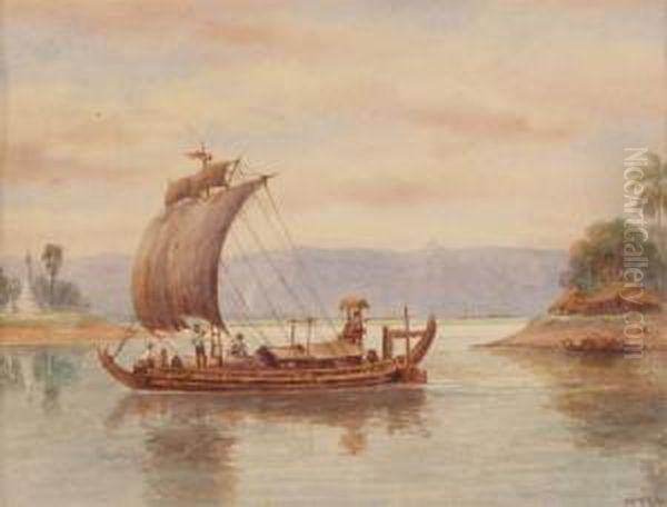 Burmese Sailing Boat On A River; Two Traditional Costume Studies by Mg Tun Hla