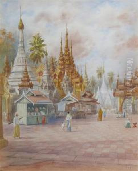 A Burmese Temple; Burmese Boats And Temple By A River Oil Painting by Mg Tun Hla