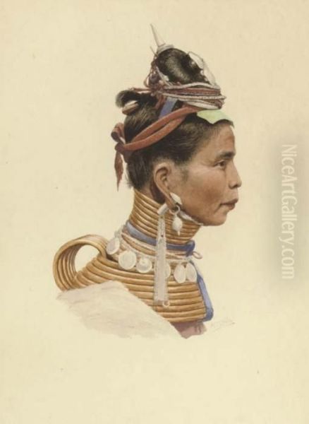 A Long Neck Woman; And A Man From Shan State, Burma Oil Painting by Mg Tun Hla