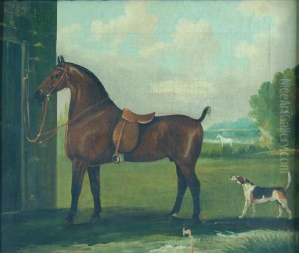 Study Of A Tethered Hunter Oil Painting by John R. Hobart