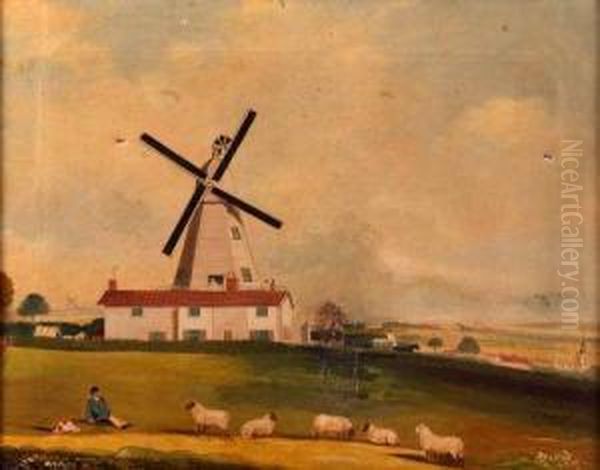 Shepherd And Sheep Before Groton Mill Oil Painting by John R. Hobart