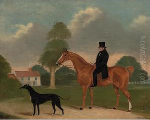 A Gentleman Mounted On His Chestnut Hunter With A Greyhound In The Grounds Of A Country House Oil Painting by J. Hobart Of Monks Eleigh