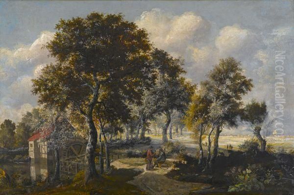 < Paysage Au Moulin A Eau Dans Un Sous-bois Anime De Personnages >. Oil Painting by Meindert Hobbema