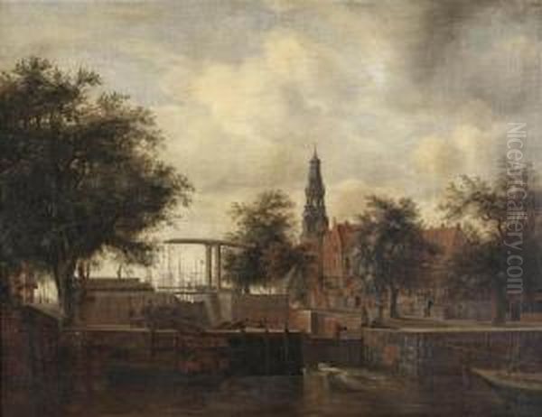 A View Of Amsterdam With The Haarlemmersluis Oil Painting by Meindert Hobbema