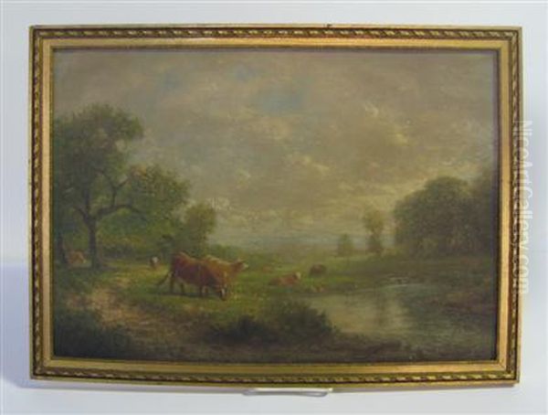 Cows In Pasture With Woods Near Pond Oil Painting by George Thompson Hobbs