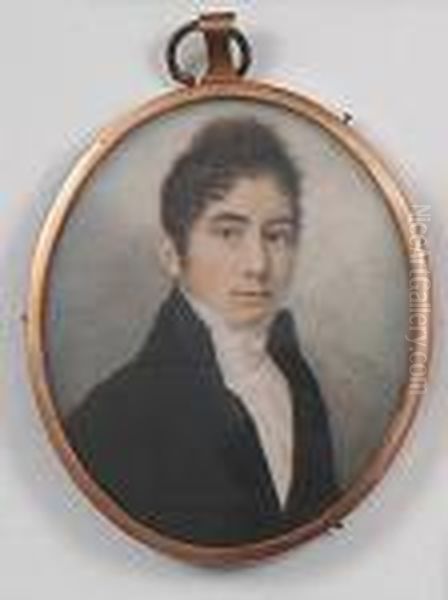 A Miniature Portrait Of Young Gentleman Wearing A Dark Coat And White Cravat With Dark Curly Hair Oil Painting by William Armfield Hobday