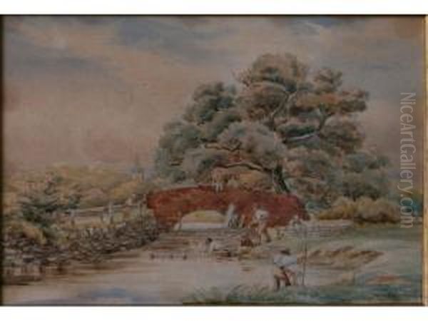 Figures At A Stream Oil Painting by Alice Mary Hobson