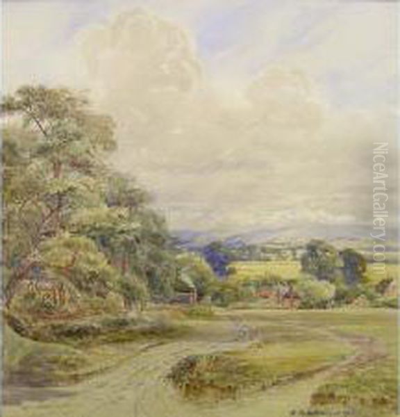 Landscape With Hamlet, Hillsin Distance Oil Painting by Alice Mary Hobson