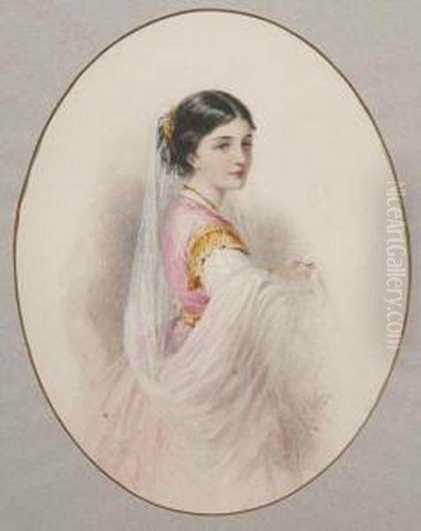 A Portrait Of A Fashionably Dressed Young Lady Oil Painting by Henry E. Hobson