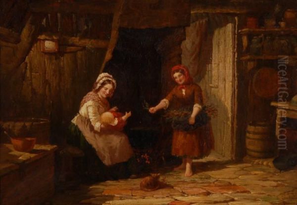 Women And Child In A Country Cottage Interior Oil Painting by Henry, Hobson Snr.