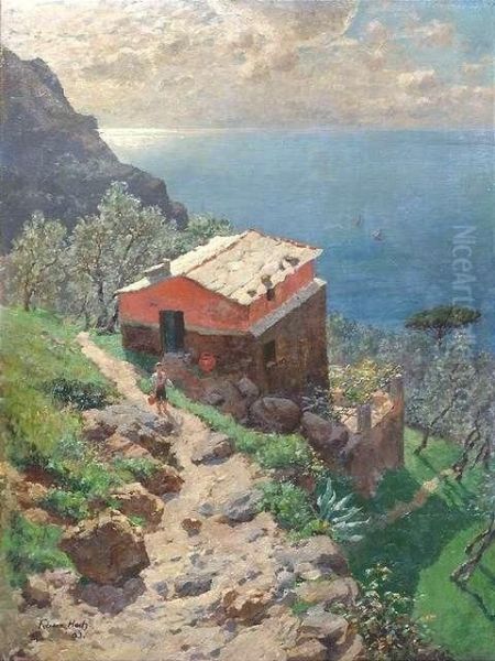 Southern Rocky Coast With A Cottage Oil Painting by Franz Xaver Hoch