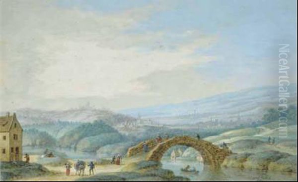 Landschaft Mit Brucke, Im Hintergrund Eine Stadt. Oil Painting by Johann Jakob Hoch