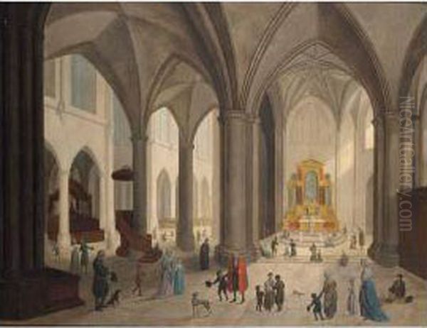 A Church Interior With Figures And Dogs, Figures Praying In The Background; A Church Interior With Figures And Dogs, An Old Man Sitting Against The Pillar To The Left Oil Painting by Johann Jakob Hoch