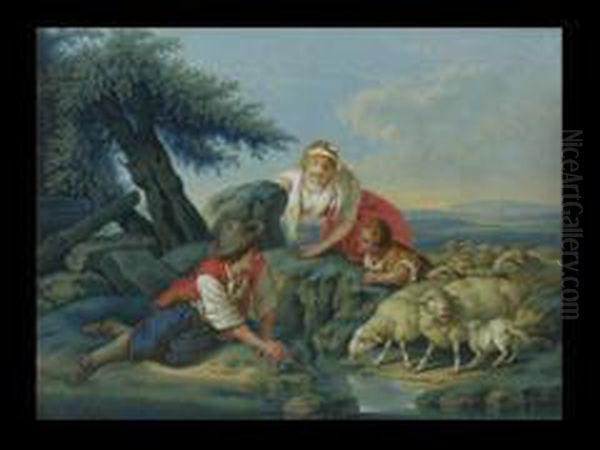 Italienische Landschaft Mit Familie An Der Tranke Oil Painting by Johann Jakob Hoch