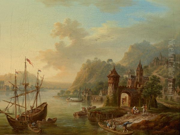 A Rhein River Landscape Oil Painting by Franz Hochecker