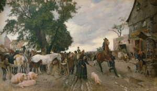 Pferdemarkt Vor Den Toren Einer Kleinstadt. Oil Painting by Franz Gustav Hochmann