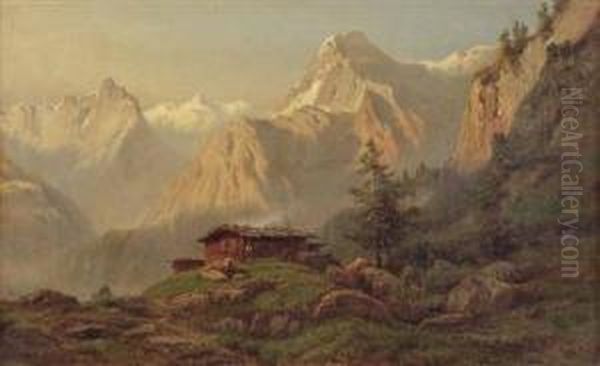 Almhutte Mit Personenstaffage Oil Painting by Edmund Hod