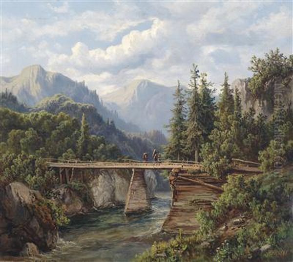 Wooden Bridge Over A Mountain Stream With Decorative Figures Oil Painting by Edmund Hod