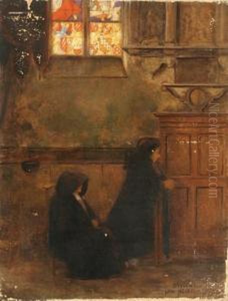 Cloaked Figures Praying In A Chapel Oil Painting by Leon Auguste Cesar Hodebert