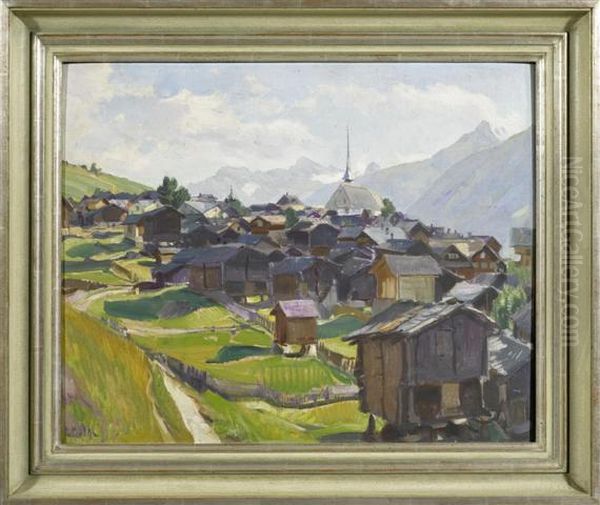 View Of The Village Of Munster In The Valais. Oil Painting by Ernst I Hodel