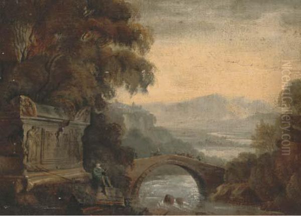 Figure By A River In A Classical Landscape Oil Painting by William Hodges