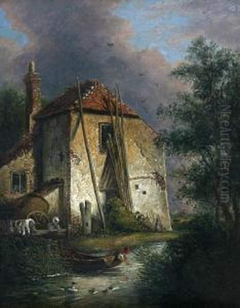 A Country Cottage Beside A Stream Oil Painting by David Hodgson