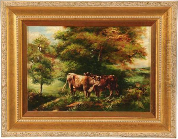 Two Cows By Hodgson Oil Painting by I. Hodgson