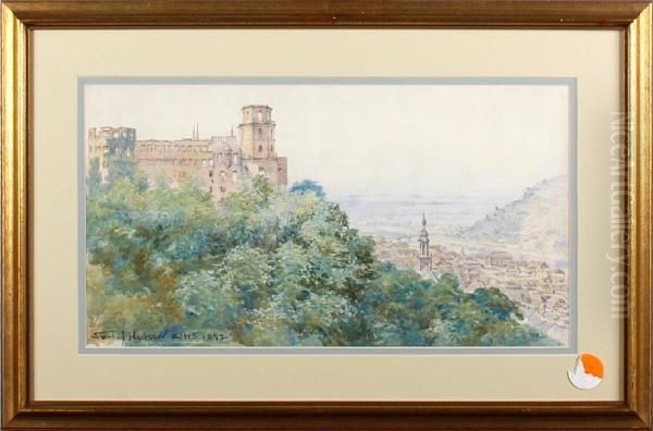 View Of A Hilltop Castle Overlooking A Continental Town Oil Painting by Samuel John Hodson