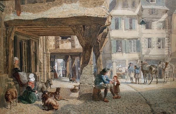 A Market Square In Brittany Oil Painting by Samuel John Hodson