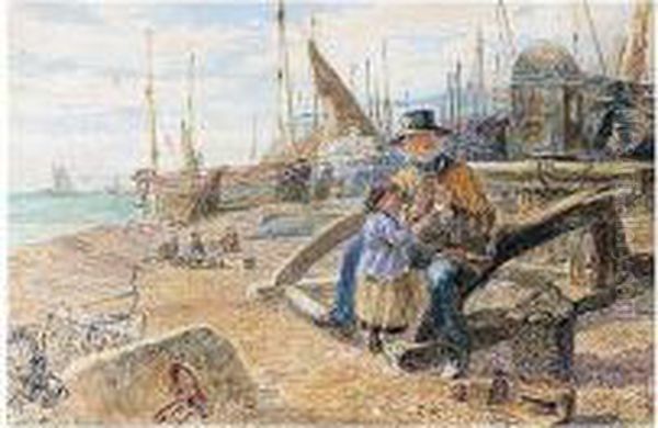 A Fisherman And A Girl On The Beach At Eastbourne Oil Painting by Samuel John Hodson