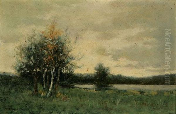 New England Landscape With Pond Oil Painting by Arthur Hoeber