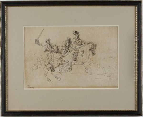 Soldiers On Horseback Oil Painting by Johann Nepomuk Hoechle