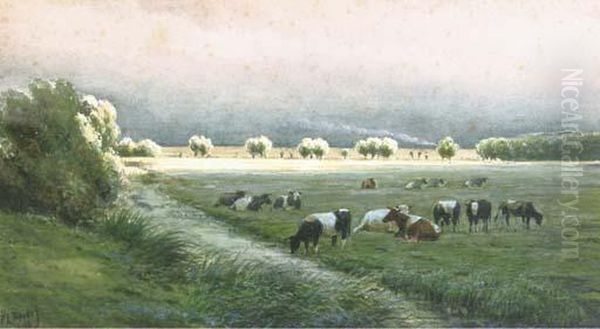 Cows In A Polder Landscape Oil Painting by Pieter Louis Hoedt