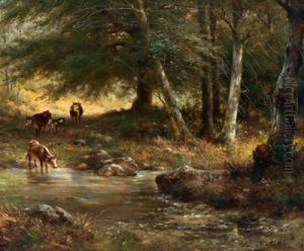 Kuhe An Der Wasserstelle Oil Painting by Adolf Joh. Hoeffler