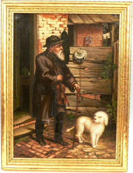 Depictingan Old Man With Violin Walking A Dog Oil Painting by Ulrich Augustus Hoegger