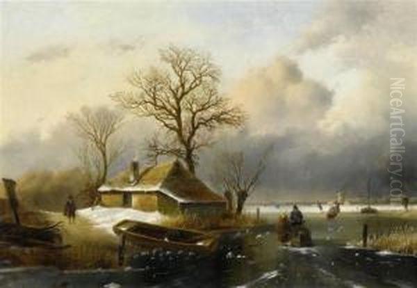 Winter Landscape With Skaters On A Frozen River. Oil Painting by Cornelis Petrus 't Hoen