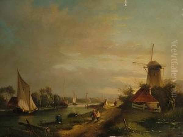 Figures By A Canal With Shipping, Cottages Oil Painting by Cornelis Petrus 't Hoen