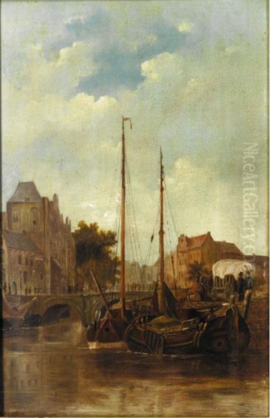 A Dutch Harbour Oil Painting by Cornelis Petrus 't Hoen