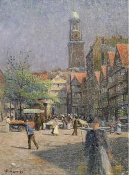 Belebter Markt Vor Der Michaeliskirche In Hamburg Oil Painting by Paul Hoeniger