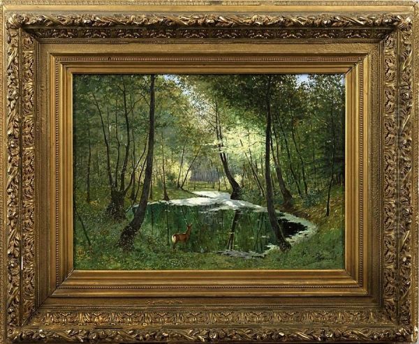 Reh Am Waldteich Oil Painting by Max Hoenow