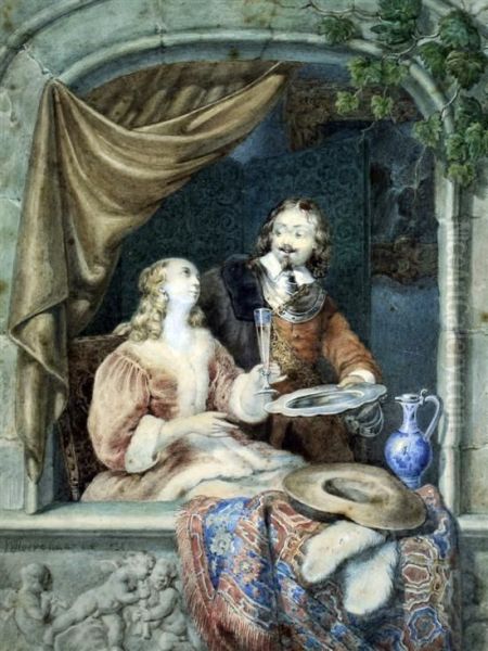 Lovers At A Window Oil Painting by Willem Pieter Hoevenaar