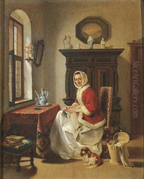 A Young Lady Doing Needlework In An Interior Oil Painting by Willem Pieter Hoevenaar