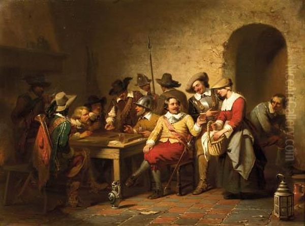 Soldiers Playing Backgammon In A Tavern Oil Painting by Willem Pieter Hoevenaar